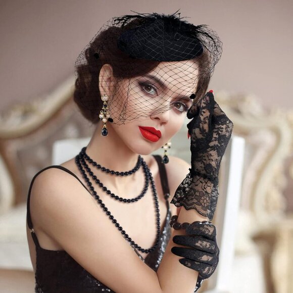 Fascinator Hat Set Women Veil Gloves Necklace Earrings for Party Funeral - Picture 2 of 6